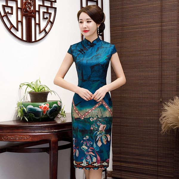 

mandarin collar retro women silky satin cheongsam printed elegant summer girls daily dress split qipao big size -xxxl, Red
