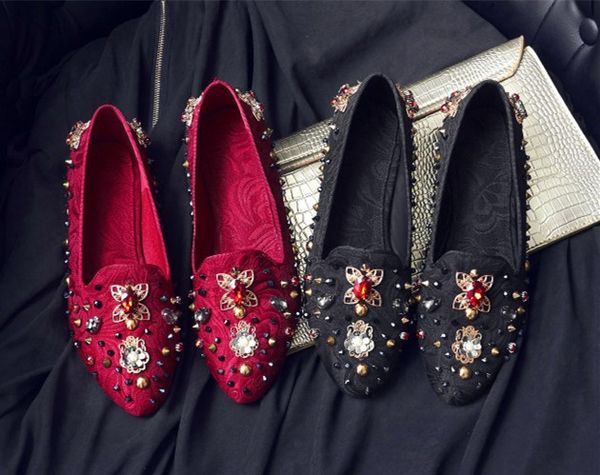 

women retro diamonds flat shoes 2019 spring rivets slip on loafers eu35-41 size by593, Black