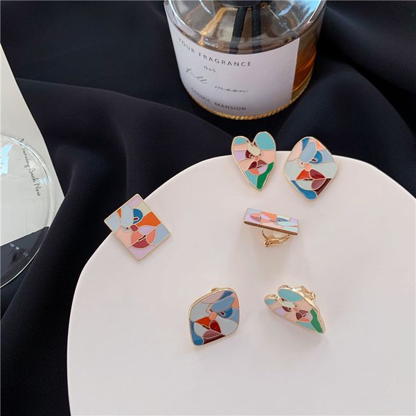 

new enamel metal contrast color geometric design personality trendy colorful chic stud earrings for women jewelry, Golden;silver
