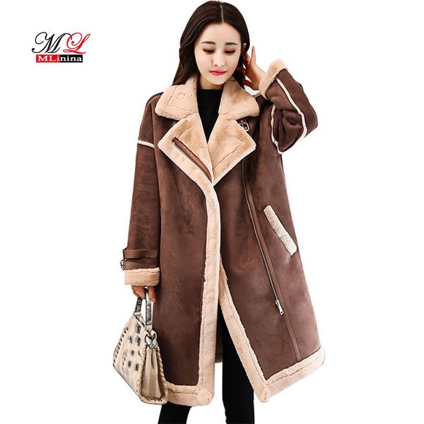 

mlinina 2018 зимняя кожаная куртка женщины женщины suede длинные овечьей шерсти мотоцикл куртки толстые шерсти ягнят теплый zip пальто снег, Black