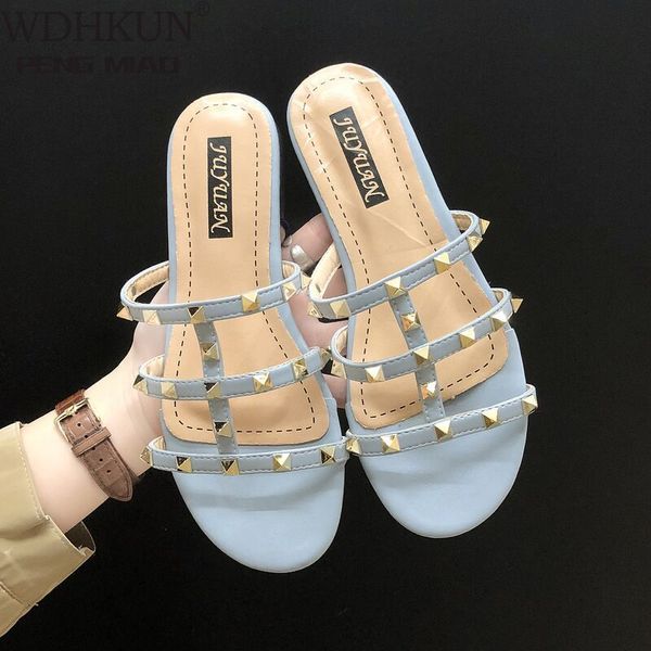 

summer slippers women all-match cut-outs retro rivet female slipper outdoor womens solid flat slides trendy chic korean leisure, Black