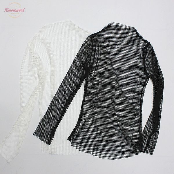 

women fishnet mesh see through black shirts female harajuku long sleeve tee drop shipping, White