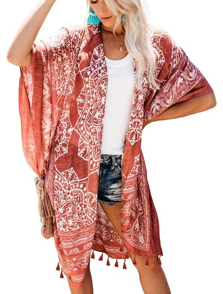 

women kimono summer cardigan paisley printed short sleeves tassel long blouse casual beachwear bikini cover up, White