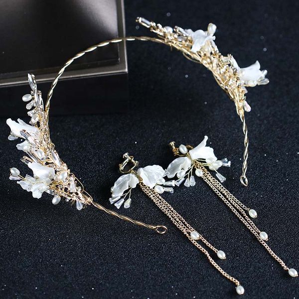 

acrddk elegent flower hairband tassels earring set bride wedding tiaras glitter crystal imitation pearl bride accessories sl, Slivery;golden