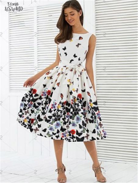 

women polyester floral skater swing dress evening party wedding banquet sundress spring women midi vintage dress tunic sleeveless, Black;gray
