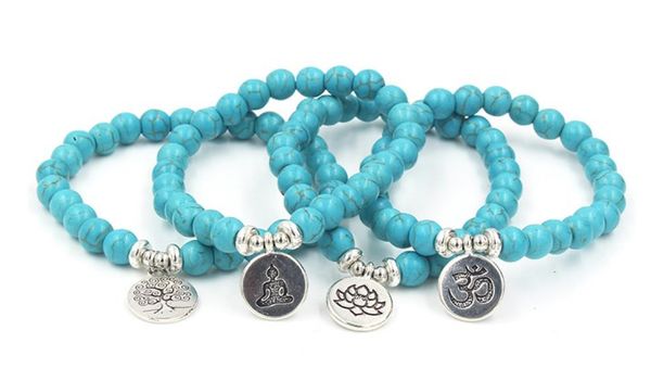 

8mm vvw4 elastic adjusted nature stone frosted agate onyx black volcanic lava turquoise lotus life tree buddha bracelet