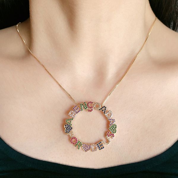 

2019 gold color copper multicolor aaa cubic zirconia round and letters pendant necklaces women's fashion jewelry cobre cz colar, Silver