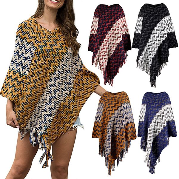 

2019 sweater women v-neck patchwork wave stripe cloak loose shawl cardigan sweater coat pull femme sueter mujer invierno jumper, Black
