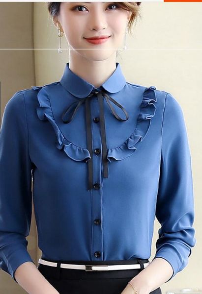 

2019 woman shirt in autumn with new style long sleeve lotus leaf collar, White