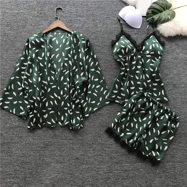 

sleep lounge women pajamas sets with cushion lace edge autumn satin pajamas women casual underwear 3 pieces, Blue;gray