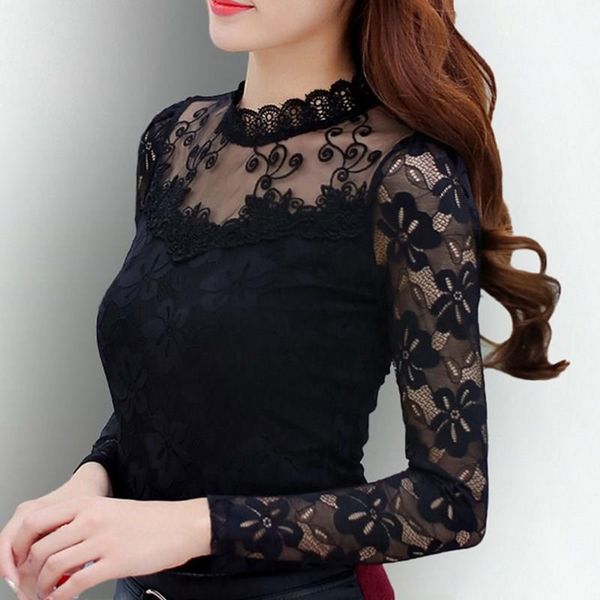 

2019 women blouses autumn bottoming fashion slim shirt lace shirts long sleeve casual black white 5xl