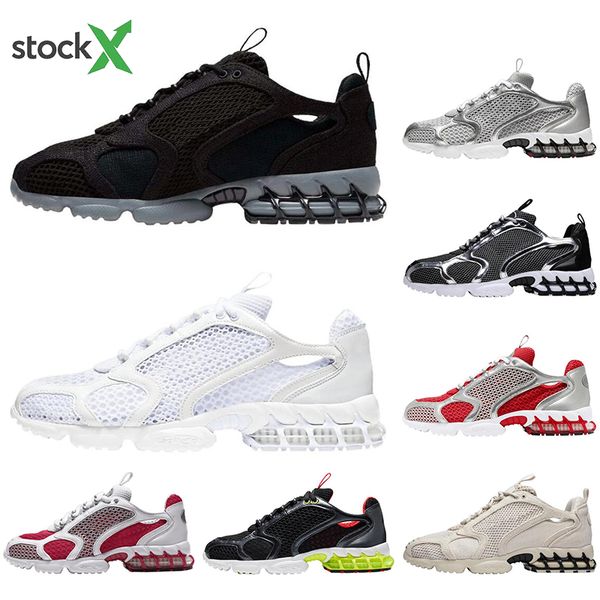 

stussy zoom spiridon caged men women running shoes triple white fossil metallic silver pure platinum varsity red sports sneaker, White;red