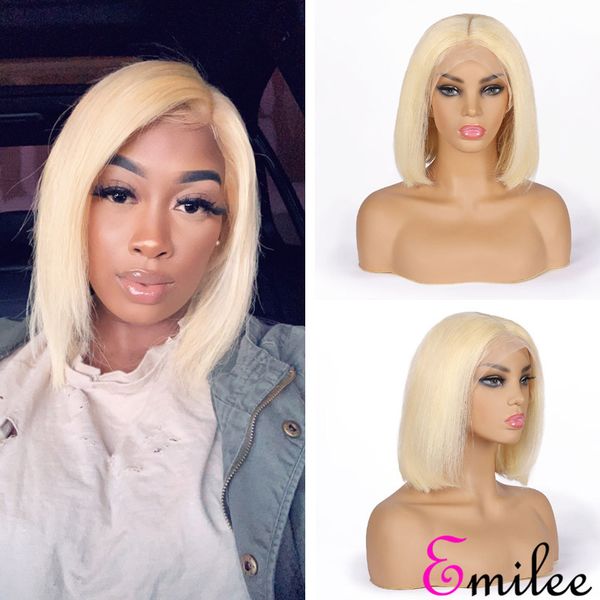 

emilee #613 straight bob wig pre plucked hairline peruvian human virgin remy hair blonde 613 bob lace wig 10 inch, Black;brown