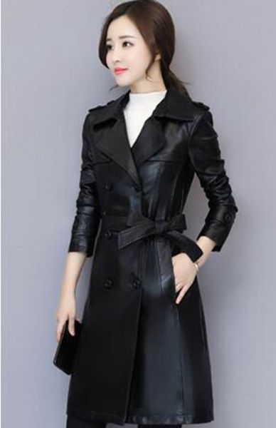 

women spring and autumn leisure fashion new korean version boutique slim personality trend business in the long size leather coat / m-5xl, Black