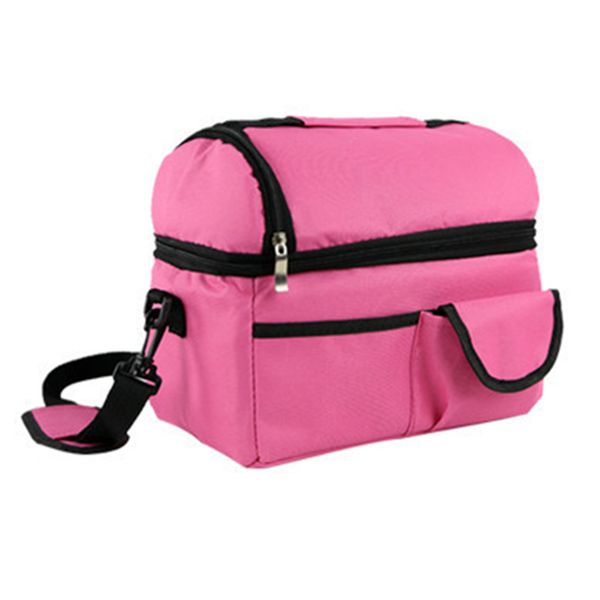 

zipper thermal insulated carrier camping cooler waterproof lunch bag handbag cold container double layer large capacity, Blue;pink