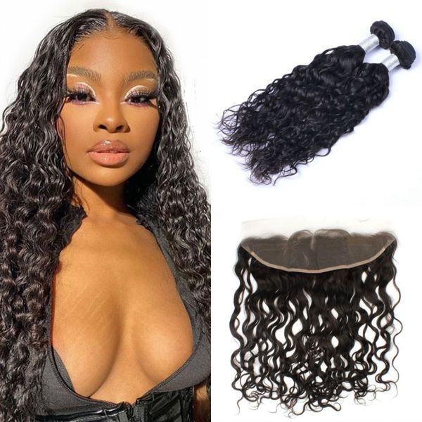 

human hair bundles with frontal closure 3pcs/lot natural color malaysian water wave hair lace frontal with bundles, Black;brown