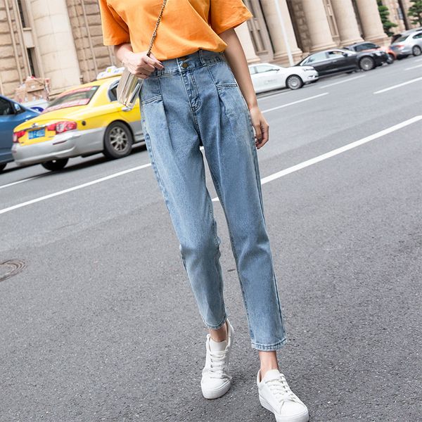 

nonis high waist holes ankle length loose jeans for women new summer boy friend harem straight daddy jeans denim pant no stretch, Blue