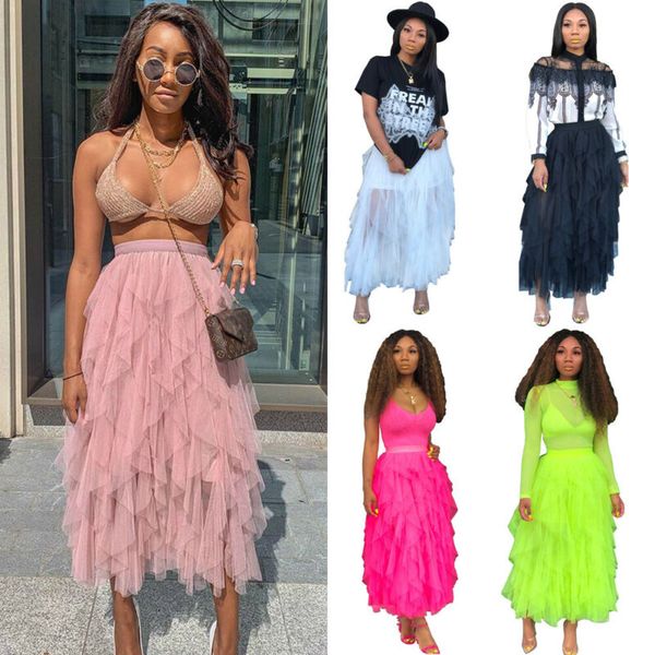 

2019 fashion tulle skirt women wave irregular layer high waist ruffle summer casual elastic maxi skirt, Black