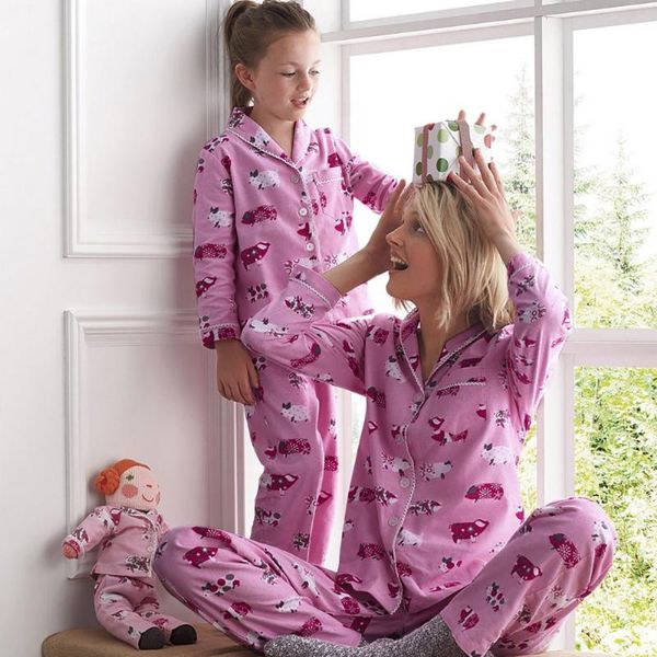 

parent-child suit women's family long-sleeved cute pig print cardigan shirt + pants 2-piece pajamas suit home service comfort, Blue;gray