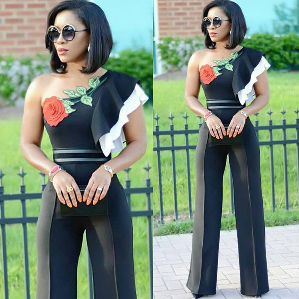 

bodysuit body elegant jumpsuit 2018 new women's straight tube, lotus leaf, diagonal shoulder, rose women long, Black;white