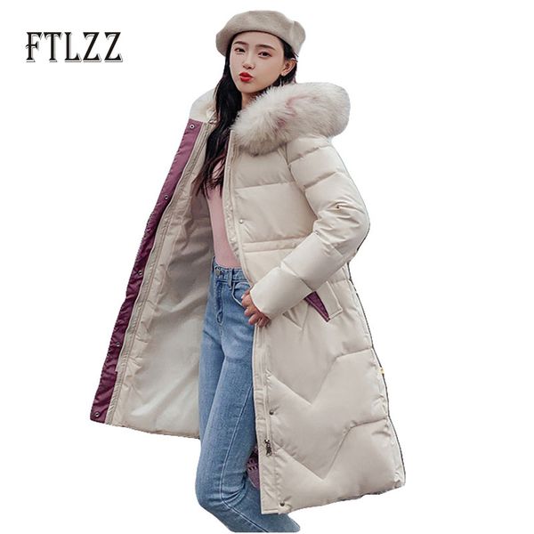 

faux fur collar long jacket women slim hooded hat cotton padded coats female warm thickening snow outerwear winter parkas mujer, Tan;black