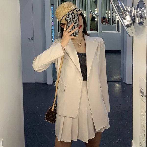 

ladies suit autumn new pure color fashion waist single button slim pleated skirt set two-piece temperament women, White;black