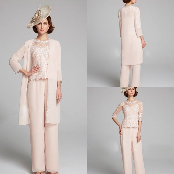 

light pink mother of the bride pant suit 3 piece chic plus size mother of the bride dresses sleeves chiffon lace evening gowns, Black;red