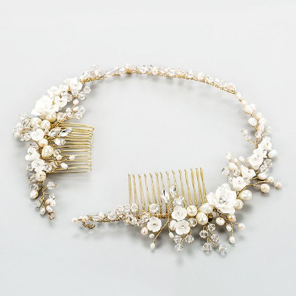 

slbridal crystals rhinestones freshwater pearls flower wedding hair comb headband hairband bridal hair accessories bridesmaids, White;golden