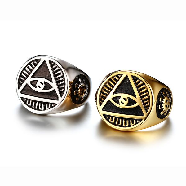 

eye of god ring men's personality jewelry casting stainless steel ring retro vintage religious christian cocktail biker signet, Slivery;golden