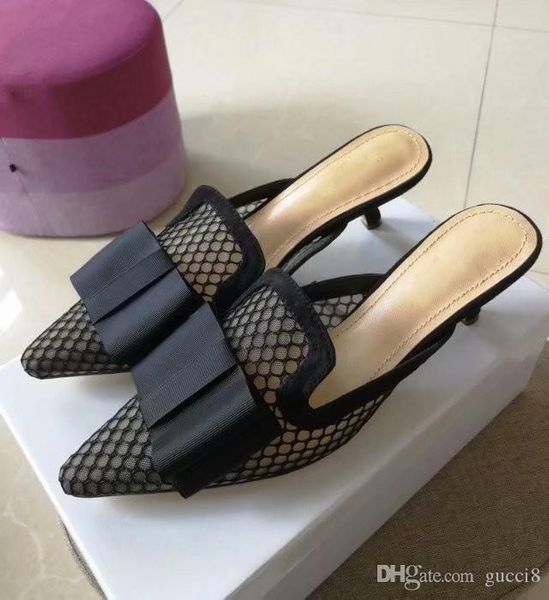 

big bow tie mesh sandals branded designers kitten heel pointed toe womens net yarm slippers, Black