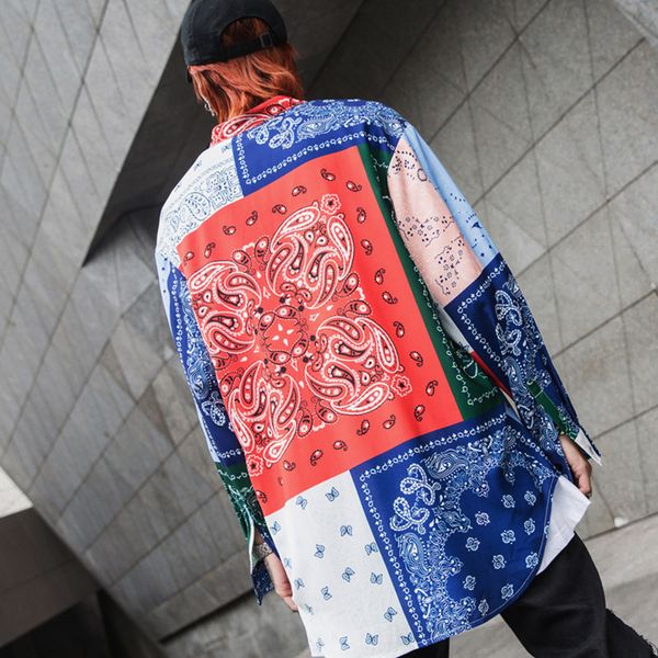 

men long sleeve shirt male high street hip hop casual vintage pattern streetwear loose shirt, White;black