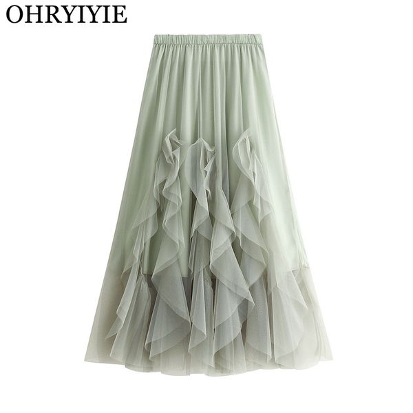 

ohryiyie green grey ladies tutu tulle skirt women ankle-length long maxi skirts fashion korean high waist a-line skirt female, Black