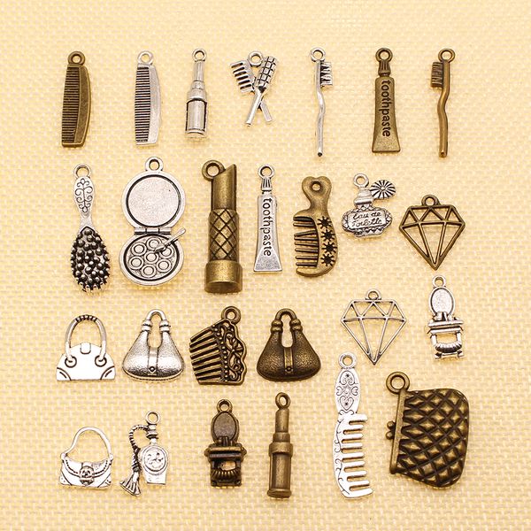 

80 pieces silver charm or pendants jewelry making the toothpaste toothbrush handbag comb lipstick lady daily necessities hj010, Bronze;silver