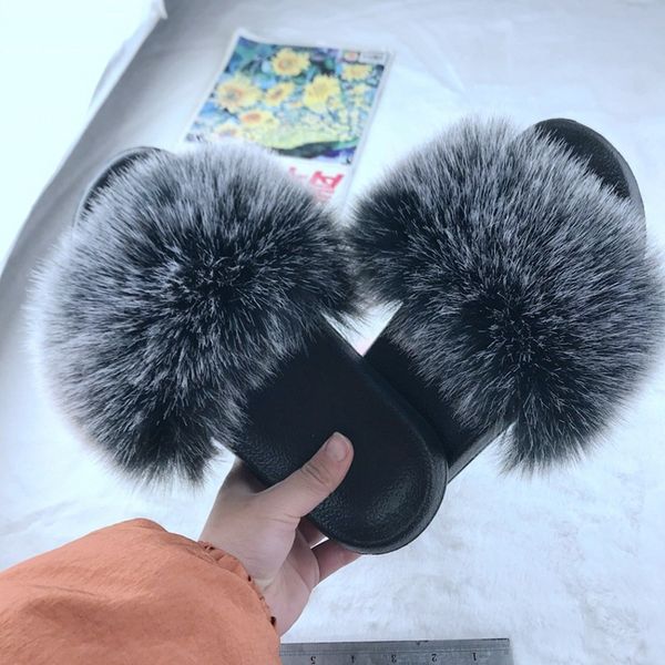 

slippers women summer fur slides home fluffy female comfort with feathers furry flats sweet sandals shoes plus size, Black