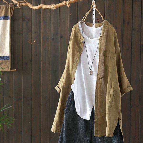 

2019 Plus Size Spring Women Casual Loose Lapel Long Sleeve Vintage Cotton Linen Work Ol Solid Shirt Baggy Blouse