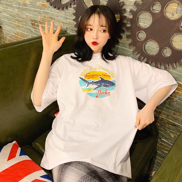 

корейский 2019 лето женщины печати футболки хлопок мягкий ulzzang серый желтый белый топ смешно футболка досуг harajuku свободные футболки, White