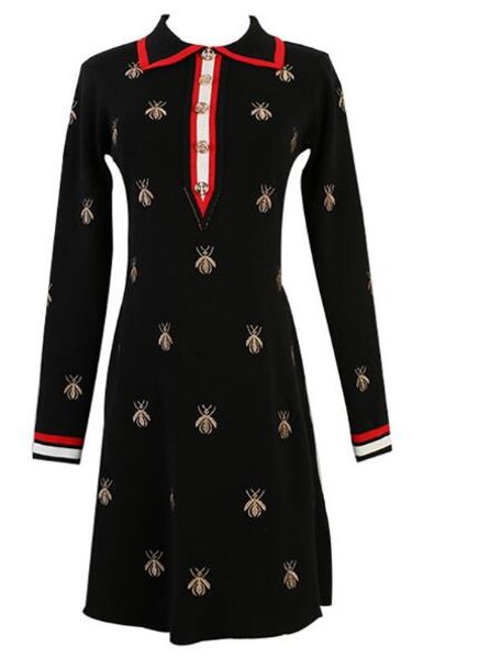 

2020 роскошные качества новое платье gg женские водолазки отворотом bee вышивка высокой талией среднедлинная тонкий knit платье, White;black