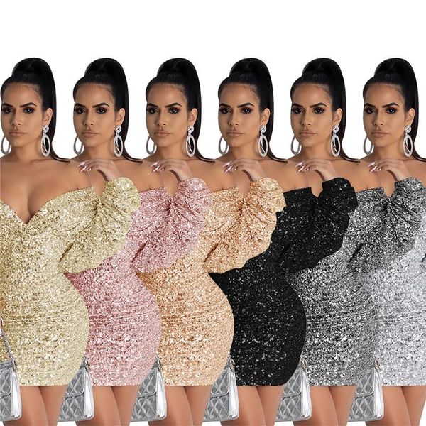 

sequins women dresses club slim strapless waist lantern sleeved bodycon dresses fashion women party dresses, Black;gray