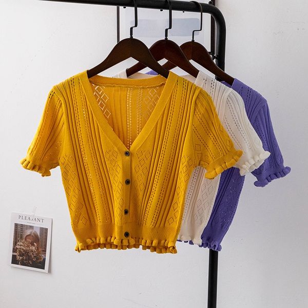 

waiao [bizheng ] 2020 all-match slim hollow knitted short-sleeved female v-neck 3524 [bizheng t-shirt ] 2020 all-match slim hollow knitt, White