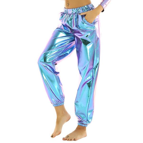 

tiaobug women shiny metallic high waist jogger pants sweatpants streetwear holographic color hip hop dance trousers rave costume, Black;white