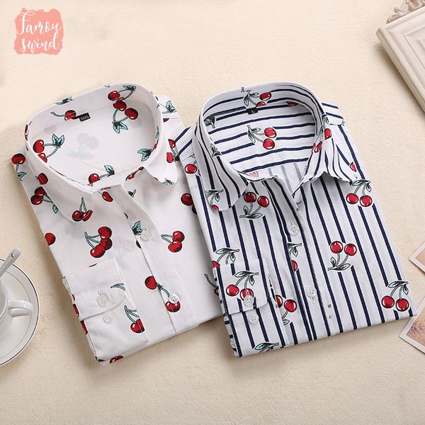 

new blouse floral long sleeve cherry floral vintage turn down collar shirt blusas feminino ladies blouses womens fashion, White