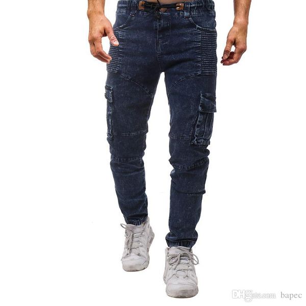 

мужчины синего задрапированных джинсы карманов spring 19ss summer casual denim синего карандаш брюки брюки, Blue