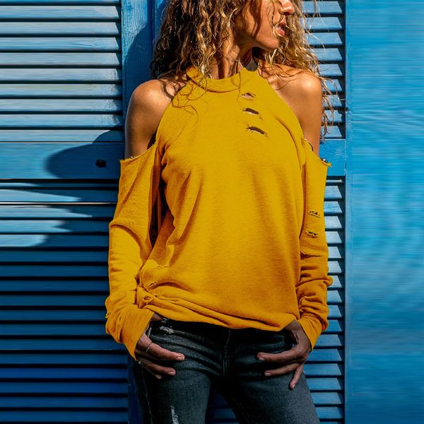 

fashion blouse women 2019 yellow casual off shoulder solid color hollow out long sleeve shirt plus size women blouse, White