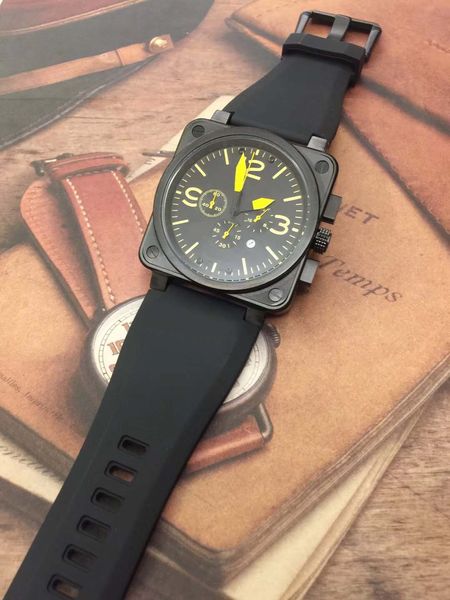 

большой выбор bellross авиации кварцевые хронограф 42 мм мужские часы часы черный каучуковый ремешок желтые часовые метки открытый человек н, Slivery;brown