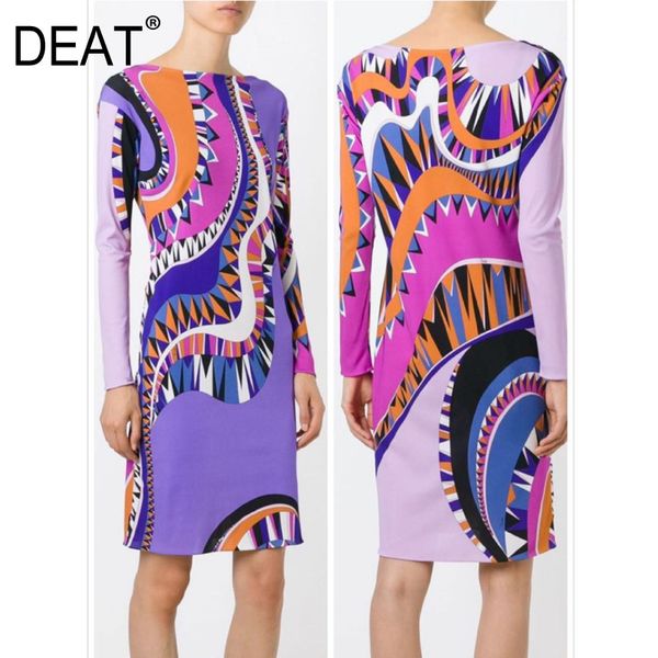 

deat] 2020 bohemia knit dress women full sleeve round collar hit color print elastic knee length new summer fashion tide am109, Black;gray