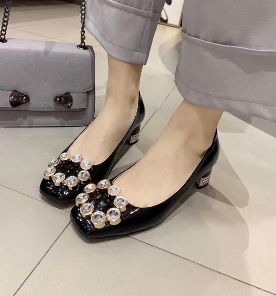 

spring sequins diamond patent leather square head thick with shallow mouth work shoes med heel brand single shoes female pumps, Black
