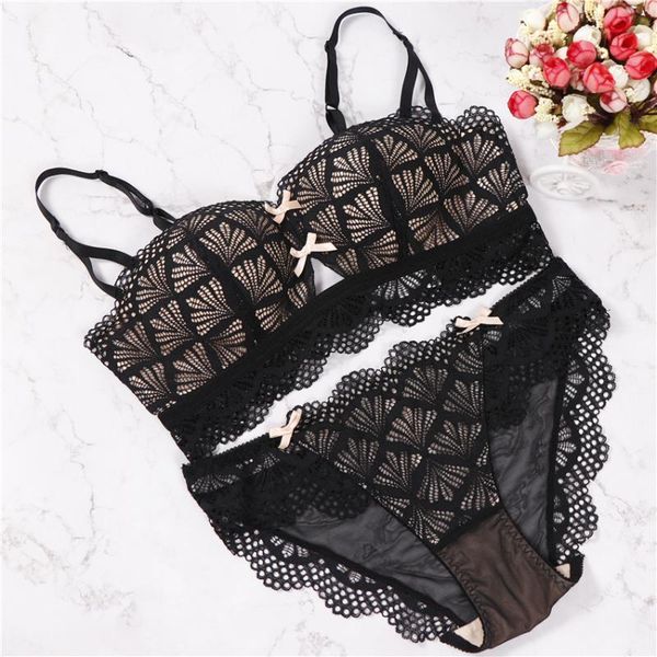 

2018 lace hollow out underwear abc push up half cup lingerie set women bra set and panty fashion bra brief sets, Red;black