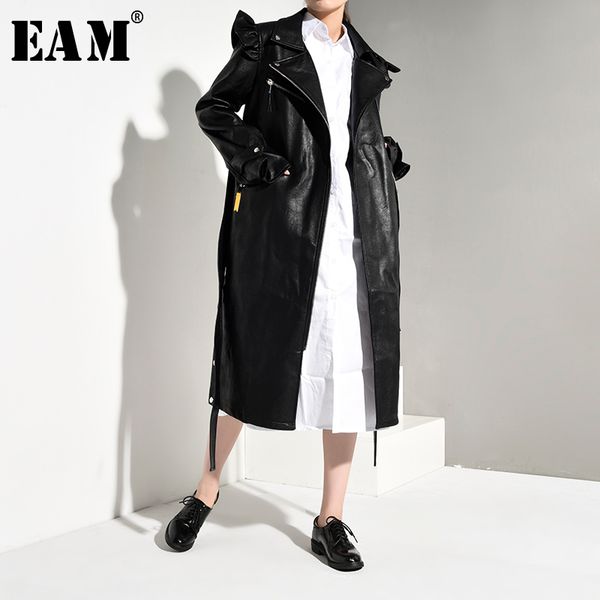 

eam] women black pu leather ruffles trench new lapel long sleeve loose fit windbreaker fashion tide autumn winter 2019 jk4100, Tan;black