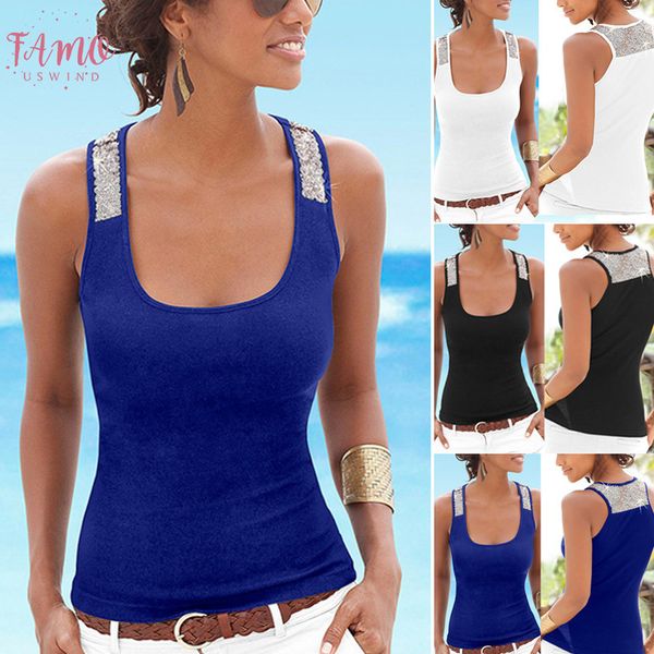

women sleeveless vest sequin casual tank summer beach t shirts xrq88 drop shipping good quality, White