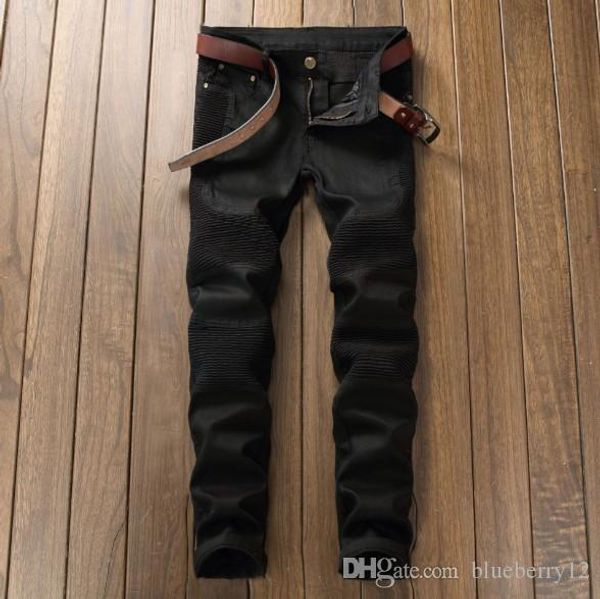 

fashion mens straight slim fit biker jeans pants skinny denim jeans washed hiphop trousers solid color, Blue